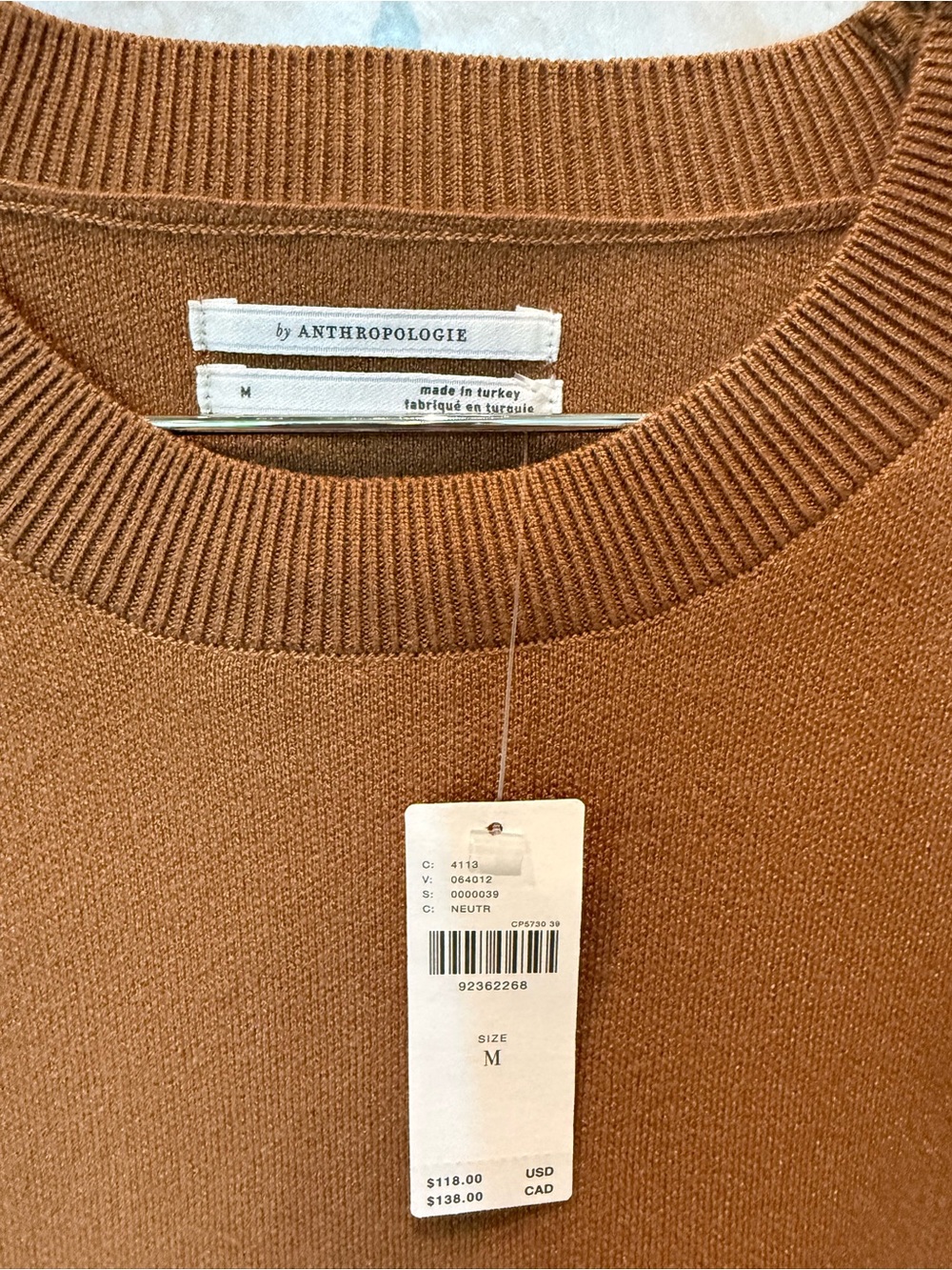 Anthropologie Chestnut Brown Crewneck Sweater with Embroidered Puff Sleeves - Picture 3 of 3
